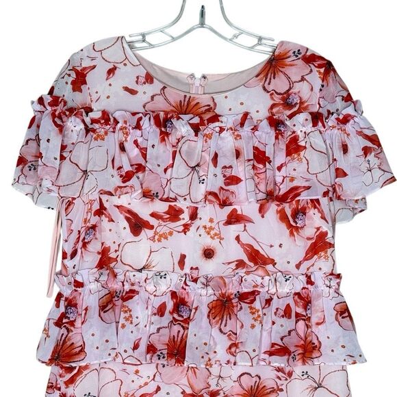 Badgley Mischka Pink Short Sleeve Tiered Floral Mini Runway Dress Size 10 Ruffle - Picture 4 of 13